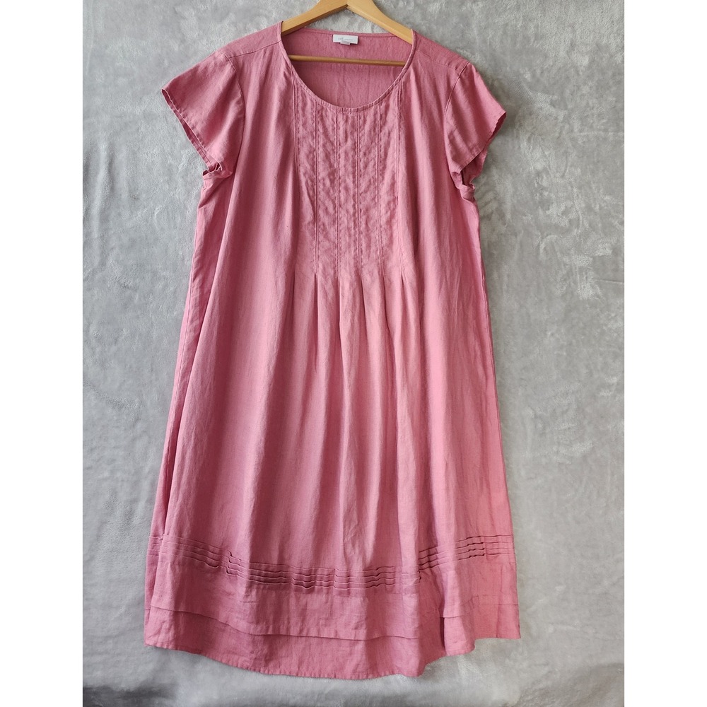 J. Jill Love Linen Dress Womens Size XL Rose Pink Pintuck Pleat Tiered Hem 100%